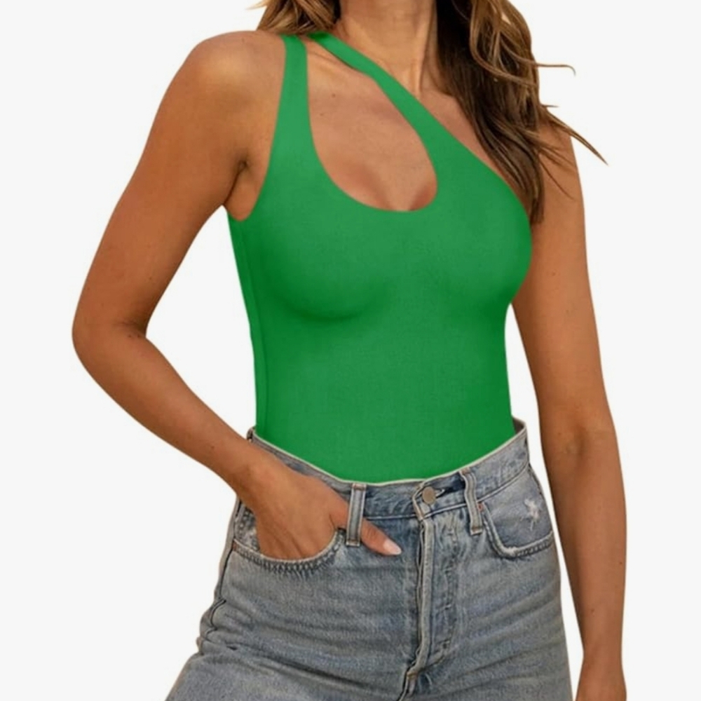 Reoria Trendy Green Sexy Plunge One Shoulder Sleeveless V Back Bodysuit